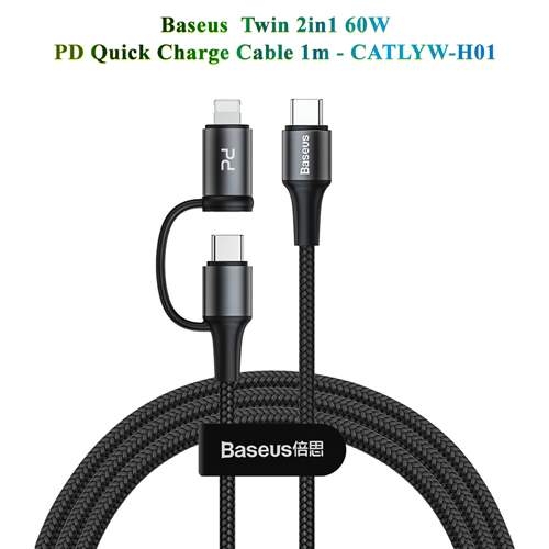 کابلِ سریع 2 کاره تایپ سی و لایتنینگِ بیسوس مدل Baseus Twin 2in1 60W PD Quick Charging Cable 1m