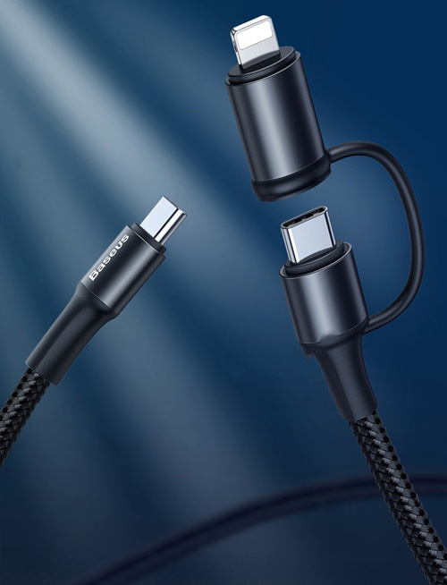 کابلِ سریع 2 کاره تایپ سی و لایتنینگِ بیسوس مدل Baseus Twin 2in1 60W PD Quick Charging Cable 1m