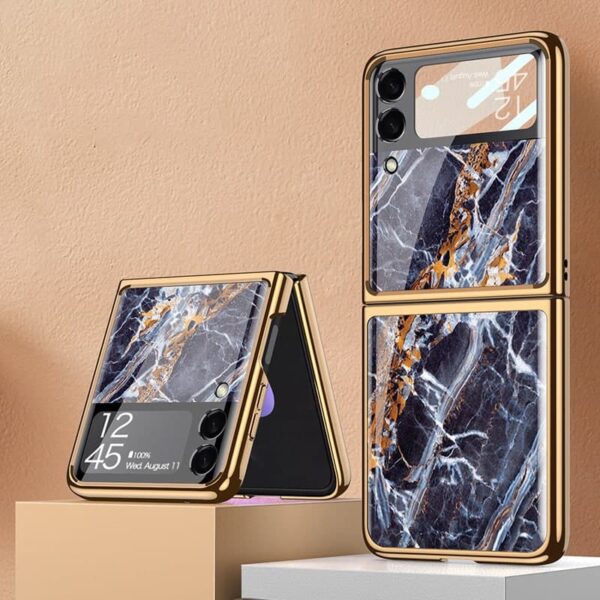 گارد طرح ماربل آبی سامسونگ Galaxy Z Flip3 مارک GKK فریم طلایی