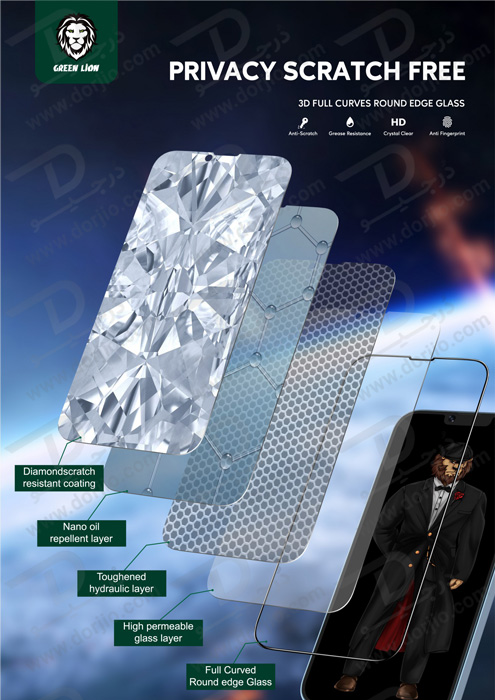 گلس حریم شخصی گرین iPhone 13 Pro Max مدل 3D Privacy Scratch Free Round Edge Glass