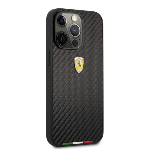 قاب چرمی طرح کربن iPhone 13 Pro Max طرح Ferrari مدل Italian Flag Line Metal Logo