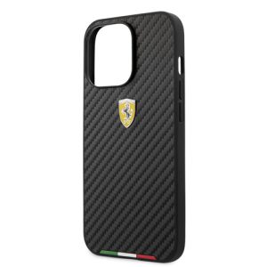 قاب چرمی طرح کربن iPhone 13 Pro Max طرح Ferrari مدل Italian Flag Line Metal Logo