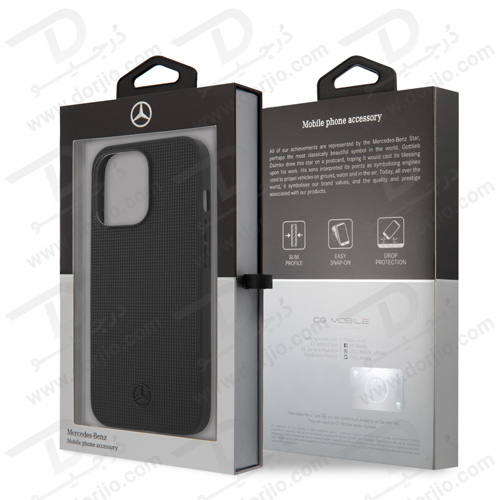 قاب چرمی iPhone 13 Pro طرح Mercedes Benz مدل Meshed Effect Metal Black Star Logo