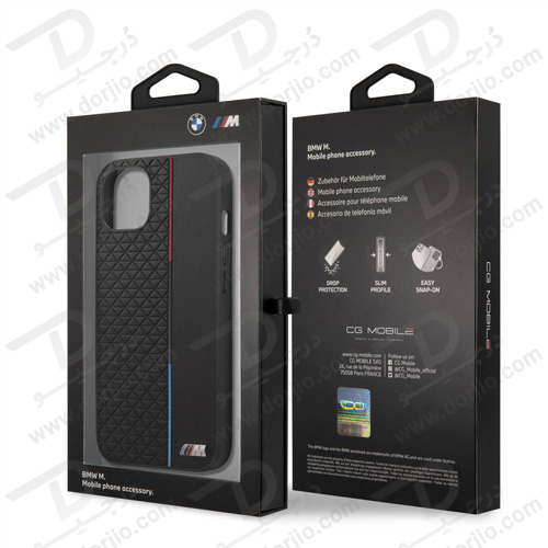 گارد چرمی PU ضد ضربه iPhone 13 طرح BMW مدل Small Triangle Pattern And Constrasted Tricolor Strip