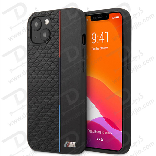 گارد چرمی PU ضد ضربه iPhone 13 طرح BMW مدل Small Triangle Pattern And Constrasted Tricolor Strip