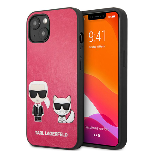 گارد PU چرمی iPhone 13 طرح Karl Lagerfeld مدل Karl And Choupette Bodies Embossed