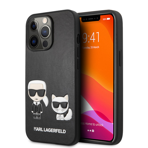 گارد PU چرمی iPhone 13 Pro طرح Karl Lagerfeld مدل Karl And Choupette Bodies Embossed