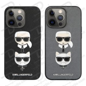 گارد PU Saffiano آیفون 13 پرو طرح Karl Lagerfeld مدل With Embossed Karl And Choupette Head
