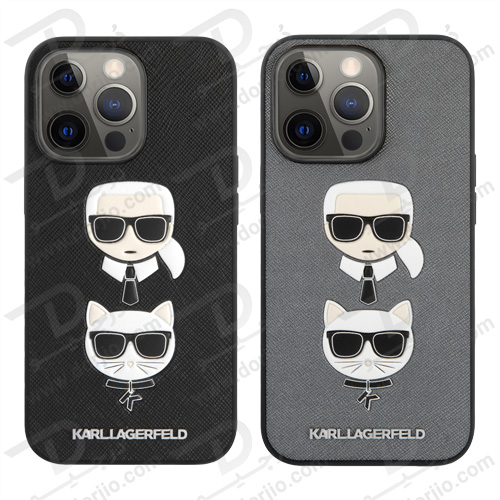 گارد PU Saffiano آیفون 13 پرو طرح Karl Lagerfeld مدل With Embossed Karl And Choupette Head