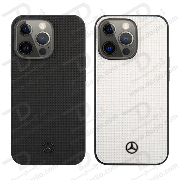 قاب چرمی iPhone 13 Pro Max طرح Mercedes Benz مدل Meshed Effect Metal Black Star Logo