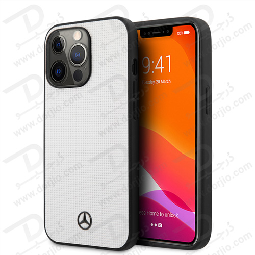 قاب چرمی iPhone 13 Pro طرح Mercedes Benz مدل Meshed Effect Metal Black Star Logo