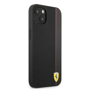 قاب چرمی طرح کربن iPhone 13 Mini طرح Ferrari مدل PU Smooth And Carbon Effect Vertical Stripe Metal Logo
