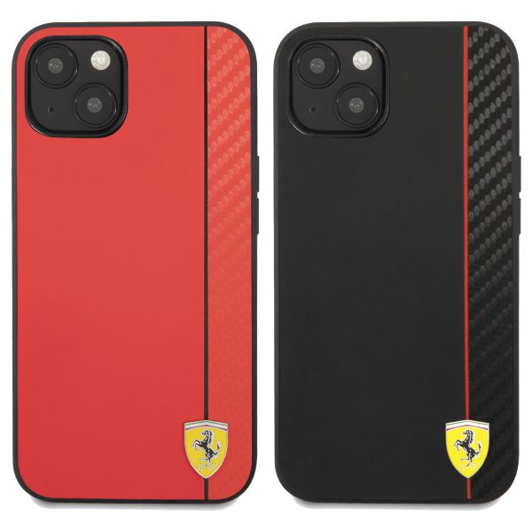 قاب چرمی طرح کربن iPhone 13 Mini طرح Ferrari مدل PU Smooth And Carbon Effect Vertical Stripe Metal Logo