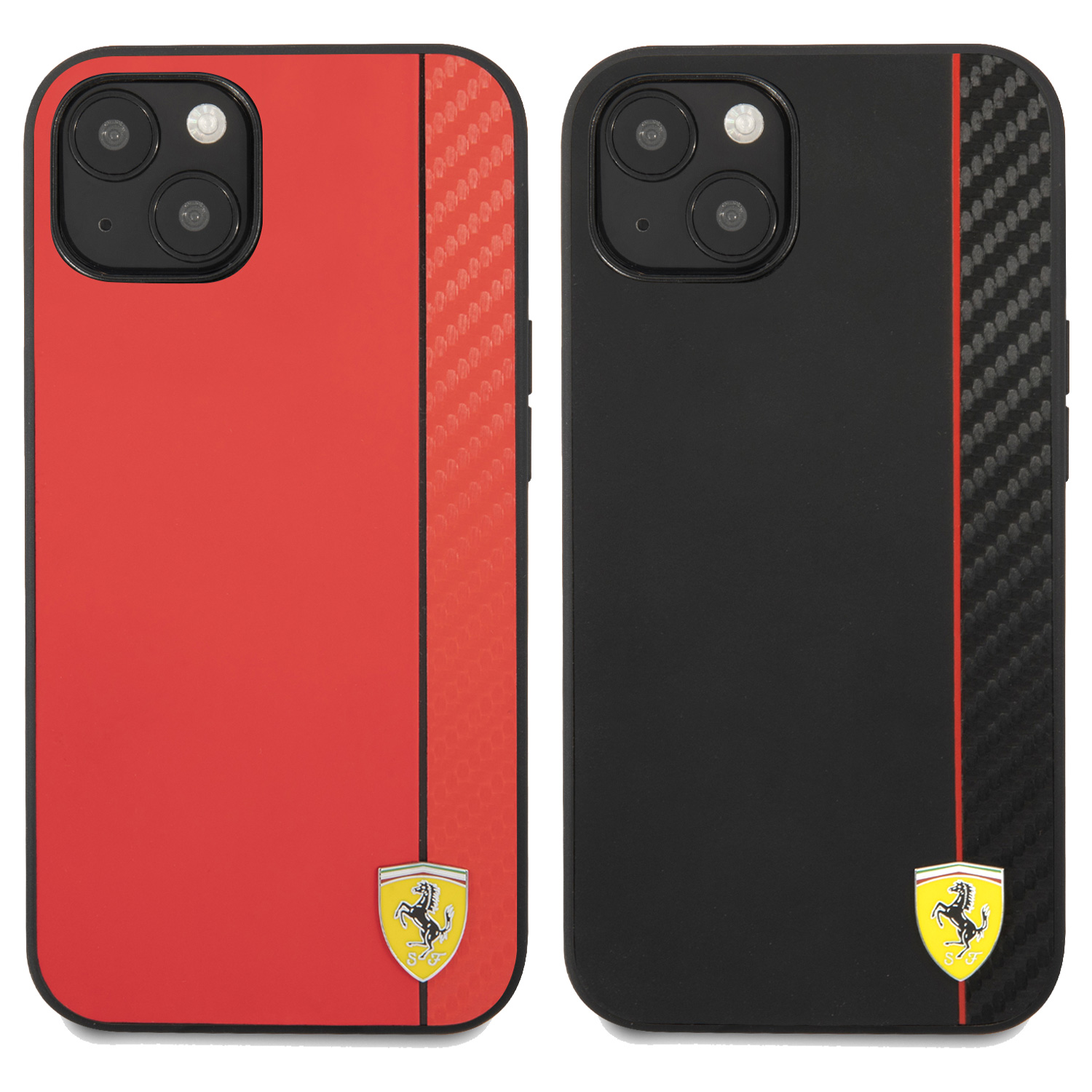 قاب چرمی طرح کربن iPhone 13 Mini طرح Ferrari مدل PU Smooth And Carbon Effect Vertical Stripe Metal Logo
