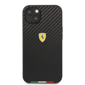 قاب چرمی طرح کربن iPhone 13 طرح Ferrari مدل Italian Flag Line Metal Logo