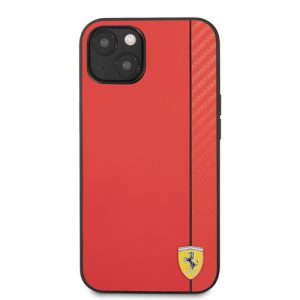 قاب چرمی طرح کربن iPhone 13 طرح Ferrari مدل PU Smooth And Carbon Effect Vertical Stripe Metal Logo