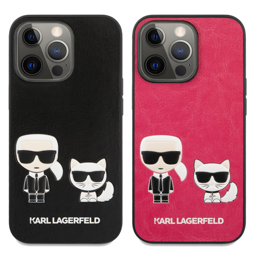 گارد PU چرمی iPhone 13 Pro طرح Karl Lagerfeld مدل Karl And Choupette Bodies Embossed