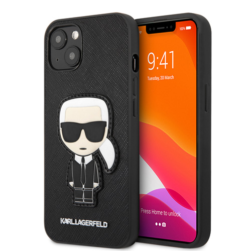 گارد PU چرمی iPhone 13 طرح Karl Lagerfeld مدل Saffiano With Ikonik Patch And Metal Logo