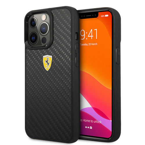 گارد کربنی iPhone 13 Pro Max طرح Ferrari مدل Real Carbon Metal Logo