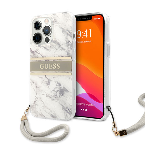 گارد بند دار طرح ماربل iPhone 13 Pro Max مدل Guess Marble Design And Stripe With Nylon Strap