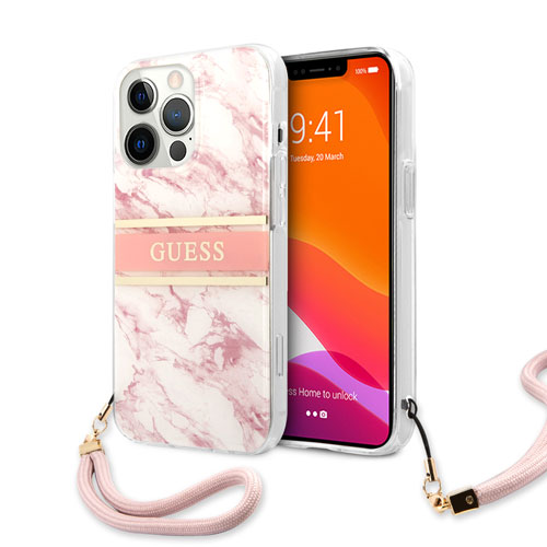 گارد بند دار طرح ماربل iPhone 13 Pro Max مدل Guess Marble Design And Stripe With Nylon Strap