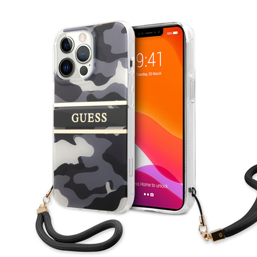 گارد بند دار طرح چریکی iPhone 13 Pro مدل Guess Camo Design And Stripe With Nylon Strap