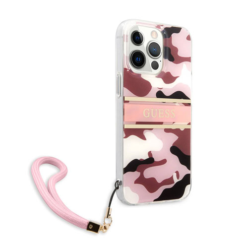 گارد بند دار طرح چریکی iPhone 13 Pro مدل Guess Camo Design And Stripe With Nylon Strap