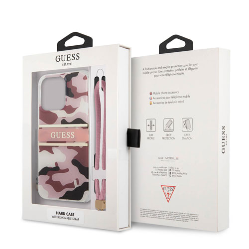 گارد بند دار طرح چریکی iPhone 13 Pro مدل Guess Camo Design And Stripe With Nylon Strap