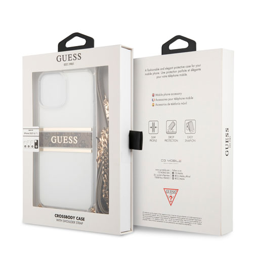 گارد شفاف بند دار زنجیری iPhone 13 Pro Max مدل Guess Transparent Case 4G Stripe With Crossbody Chain