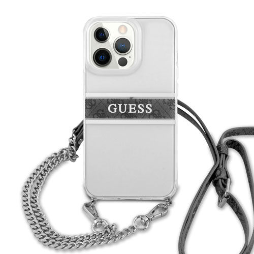 گارد شفاف بند دار زنجیری iPhone 13 Pro Max مدل Guess Transparent Case 4G Stripe With Crossbody Chain