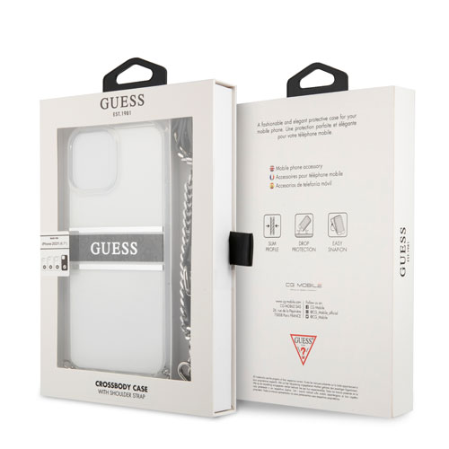 گارد شفاف بند دار زنجیری iPhone 13 Pro Max مدل Guess Transparent Case 4G Stripe With Crossbody Chain