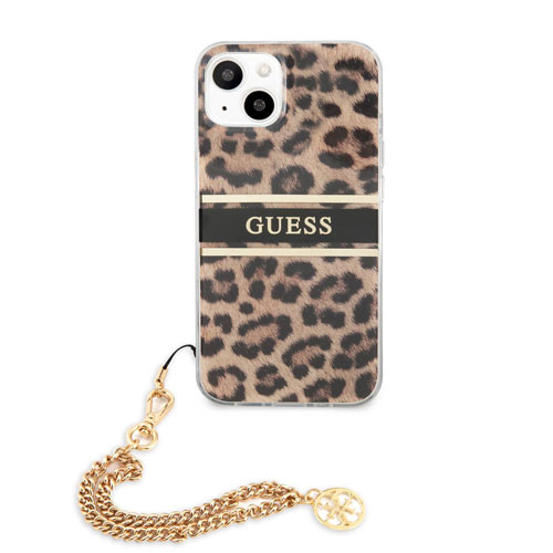 گارد طرح پلنگی بند زنجیری iPhone 13 مدل Guess Leopard Print And Stripe With Charm Chain