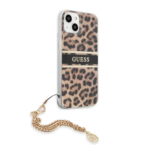 گارد طرح پلنگی بند زنجیری iPhone 13 مدل Guess Leopard Print And Stripe With Charm Chain