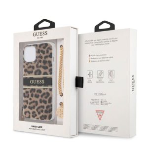 گارد طرح پلنگی بند زنجیری iPhone 13 مدل Guess Leopard Print And Stripe With Charm Chain
