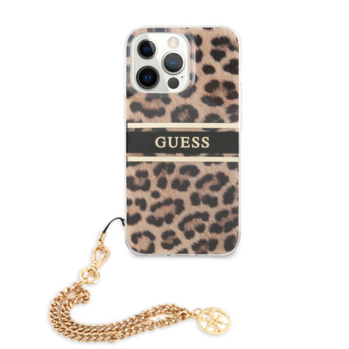 گارد طرح پلنگی بند زنجیری iPhone 13 Pro مدل Guess Leopard Print And Stripe With Charm Chain