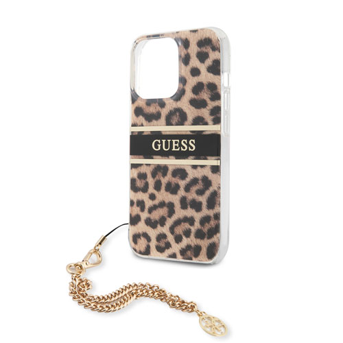 گارد طرح پلنگی بند زنجیری iPhone 13 Pro مدل Guess Leopard Print And Stripe With Charm Chain