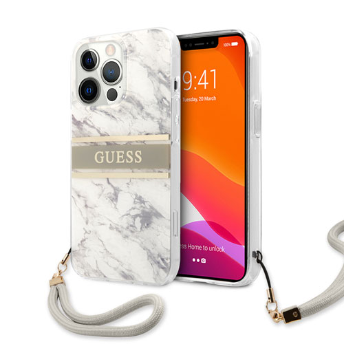گارد بند دار طرح ماربل iPhone 13 Pro مدل Guess Marble Design And Stripe With Nylon Strap