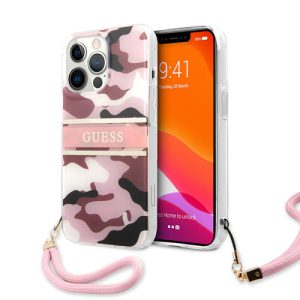 گارد بند دار طرح چریکی iPhone 13 Pro مدل Guess Camo Design And Stripe With Nylon Strap