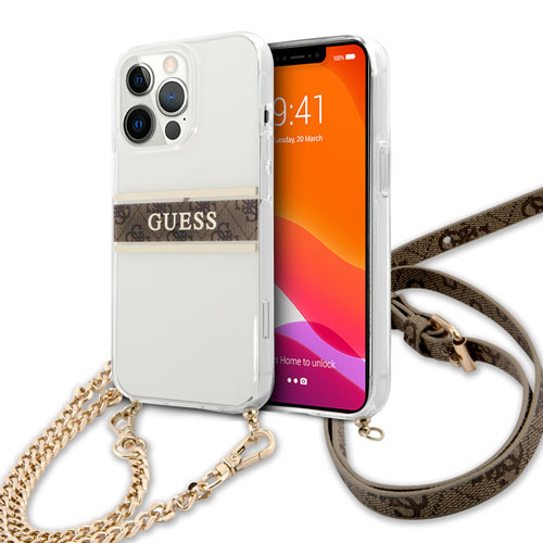 گارد شفاف بند دار زنجیری iPhone 13 Pro Max مدل Guess Transparent Case 4G Stripe With Crossbody Chain