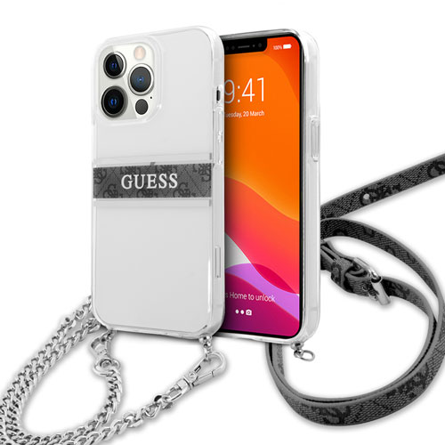 گارد شفاف بند دار زنجیری iPhone 13 Pro Max مدل Guess Transparent Case 4G Stripe With Crossbody Chain