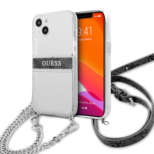 گارد شفاف بند دار زنجیری iPhone 13 مدل Guess Transparent Case 4G Stripe With Crossbody Chain