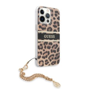 گارد طرح پلنگی بند زنجیری iPhone 13 Pro Max مدل Guess Leopard Print And Stripe With Charm Chain