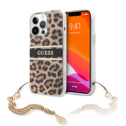 گارد طرح پلنگی بند زنجیری iPhone 13 Pro مدل Guess Leopard Print And Stripe With Charm Chain گارد طرح پلنگی بند زنجیری iPhone 13 Pro مدل Guess Leopard Print And Stripe With Charm Chain