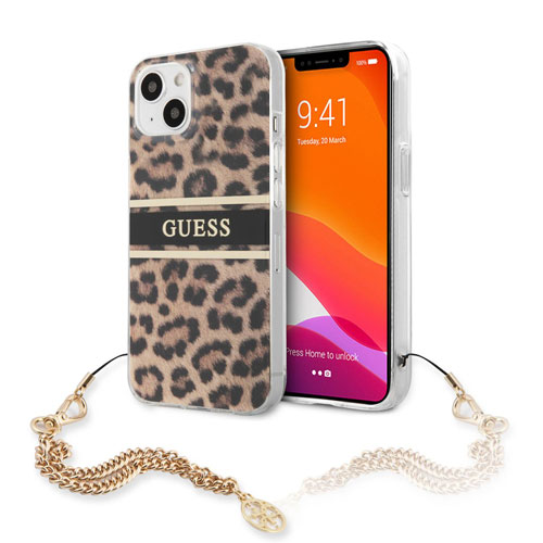 گارد طرح پلنگی بند زنجیری iPhone 13 مدل Guess Leopard Print And Stripe With Charm Chain