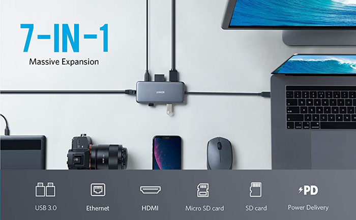 هاب 7 کاره 60W Ethernet مارک انکر مدل PowerExpand USB-C PD Hub (A8352)