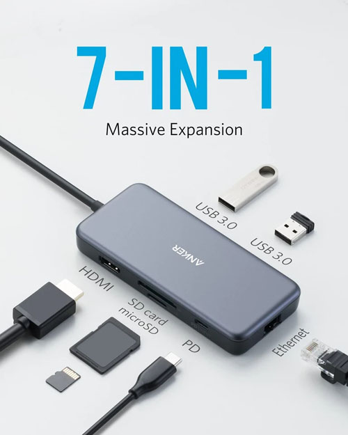 هاب 7 کاره 60W Ethernet مارک انکر مدل PowerExpand USB-C PD Hub (A8352)