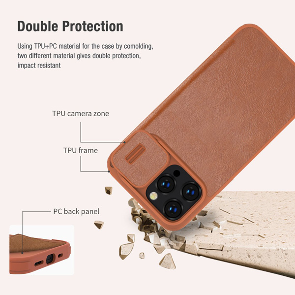 کیف چرمی محافظ دوربین دار iPhone 14 Pro Max مارک نیلکین مدل Qin Pro Leather Case