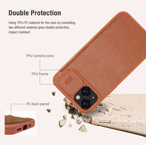 کیف چرمی محافظ دوربین دار iPhone 14 Plus مارک نیلکین مدل Qin Pro Leather Case