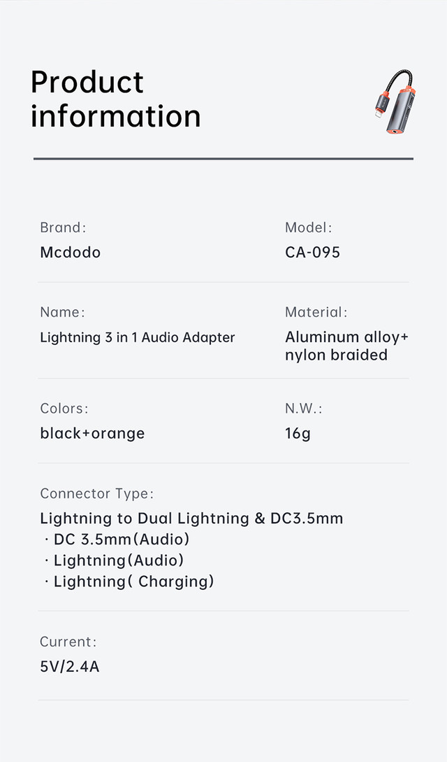 مبدل لایتنینگ به جک هدفون با پشتیبانی از شارژ - MCDODO CA-0950