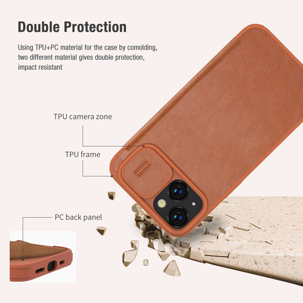 کیف چرمی محافظ دوربین دار iPhone 14 Plus مارک نیلکین مدل Qin Pro Leather Case